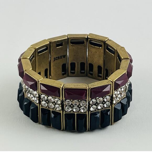 J CREW Red Black Rhinestone Stretch Bracelet Gold Tone Chunky Band Maroon Party - Picture 7 of 7